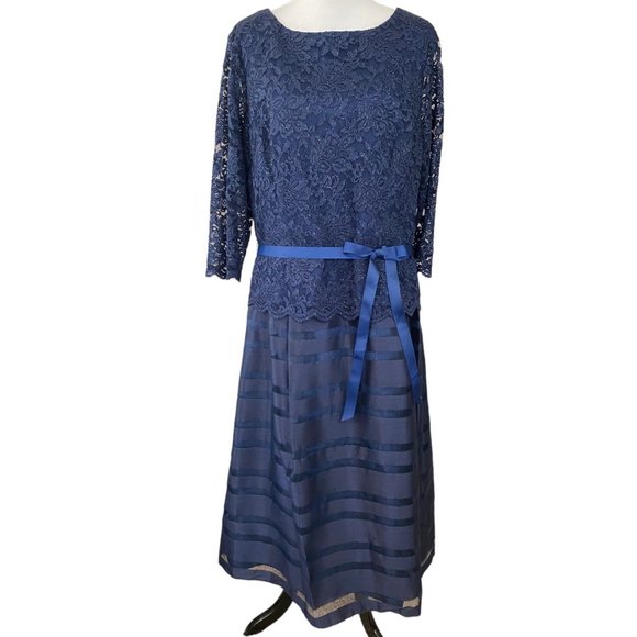 Alex Evenings Women's Navy Blue Lace & Striped Fit & Flare Tea Length Dress 18 - Picture 2 of 12